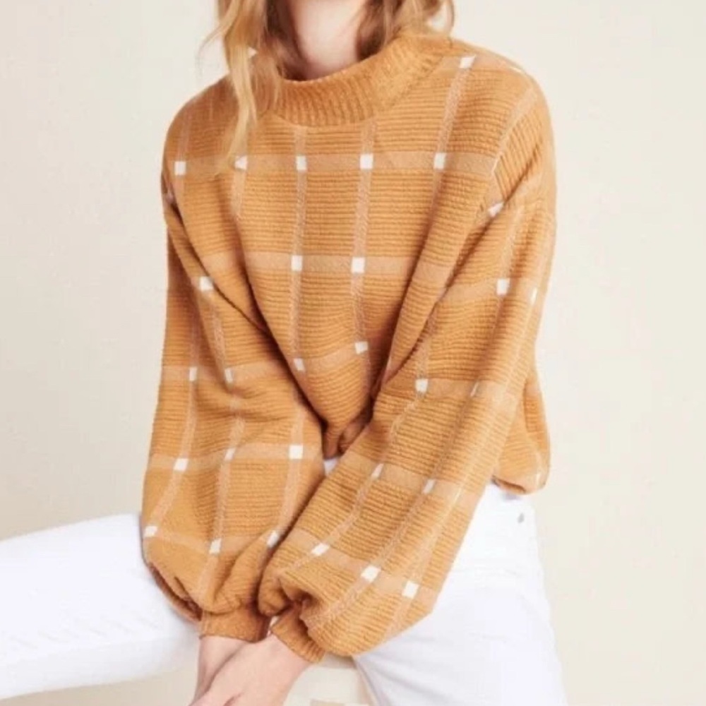Anthropologie Porridge Tan Square Printed Checkered Sweater Size L